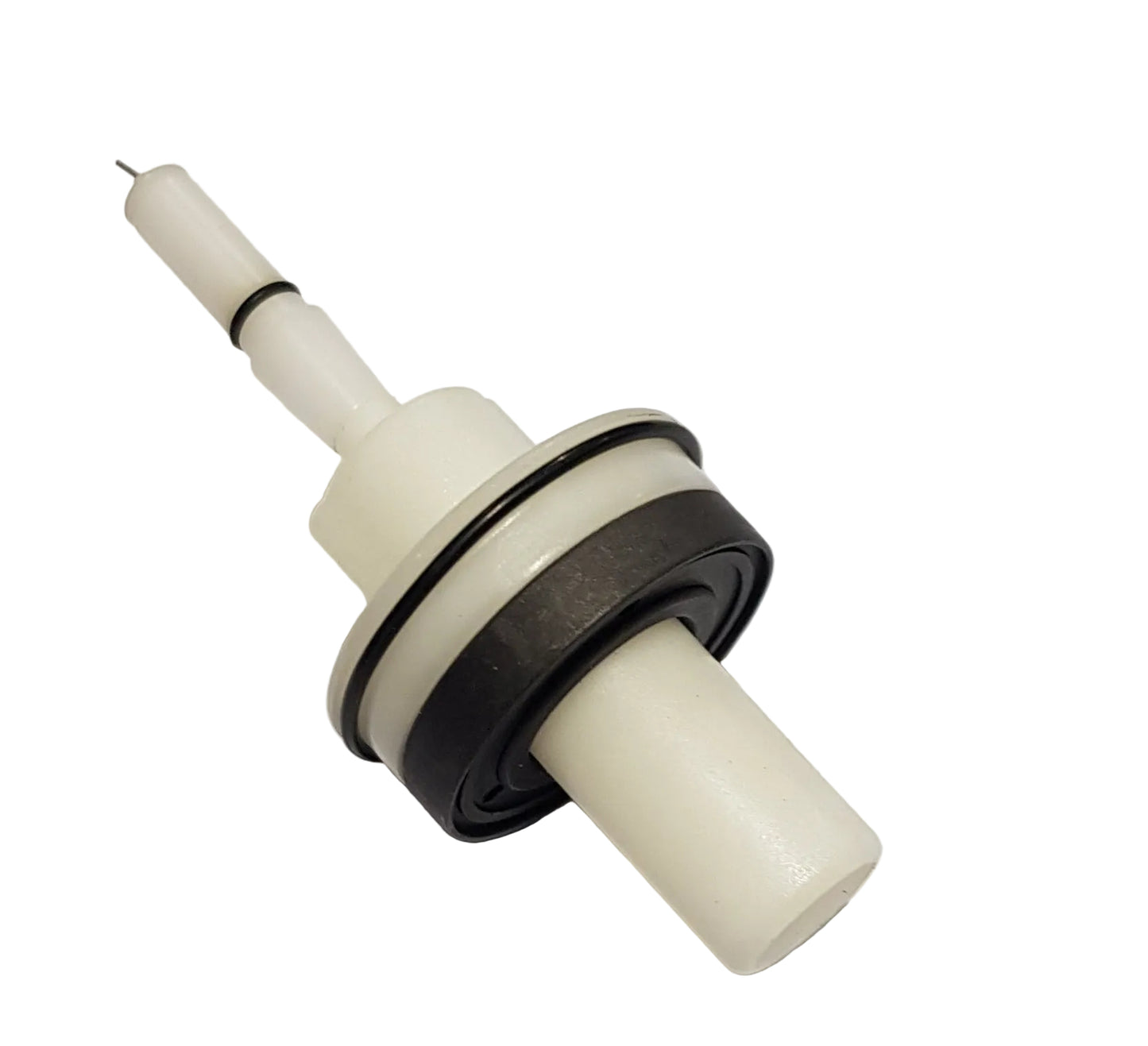 Electrode assembly for an E-Gun Deflector, predominantly white with a black carbon ring, on a white background with labeling.