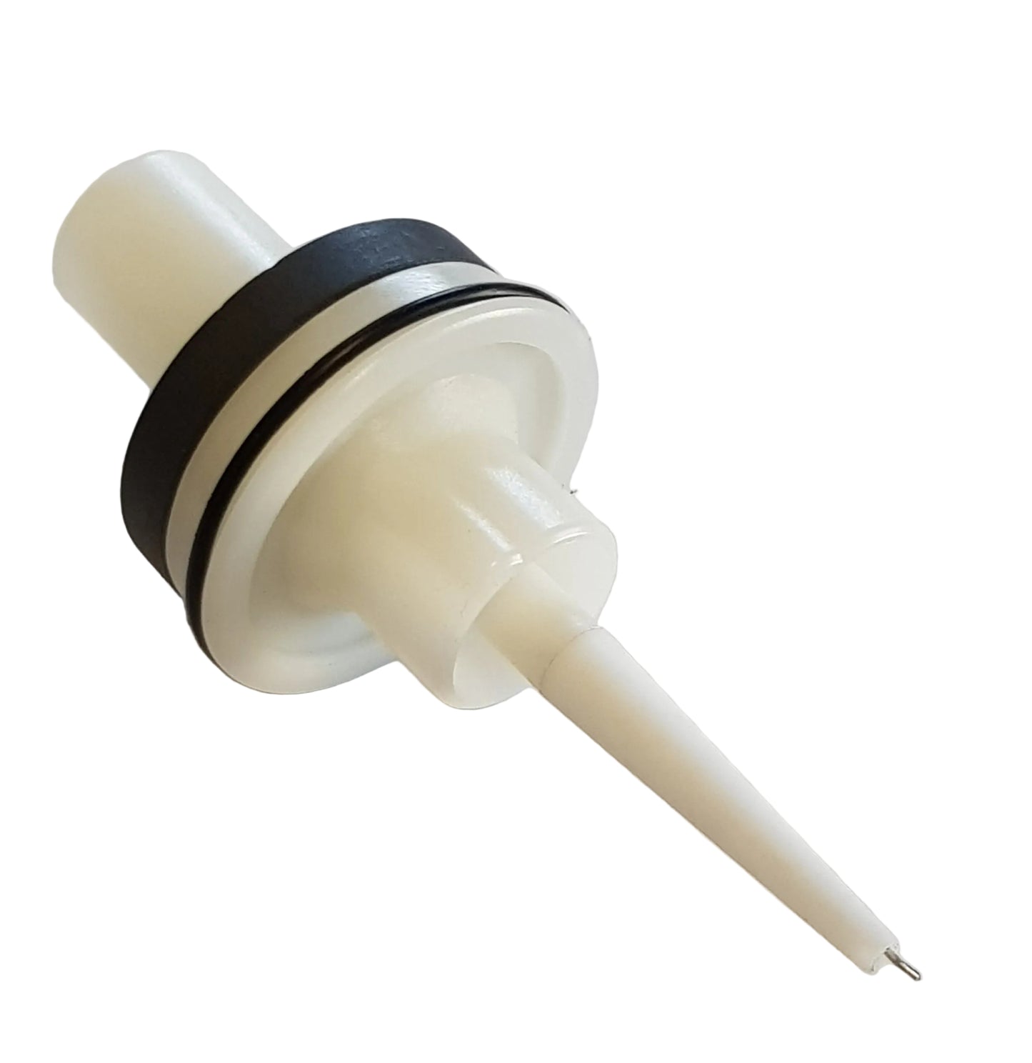 Electrode assembly for flat spray type, predominantly white with a black carbon ring, labeled with 'B07 5240000 V2_ELECTRODE ASSEMBLY FLAT SPRAY TYPE' and 'E-Gun Flat Type Electrode Assembly'.