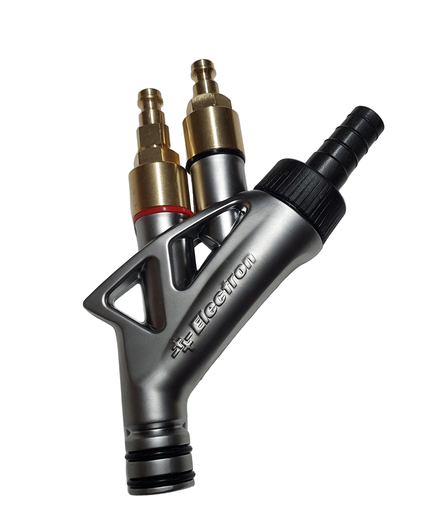 An E-Feed +3 injector with a silver body and gold-colored connectors.