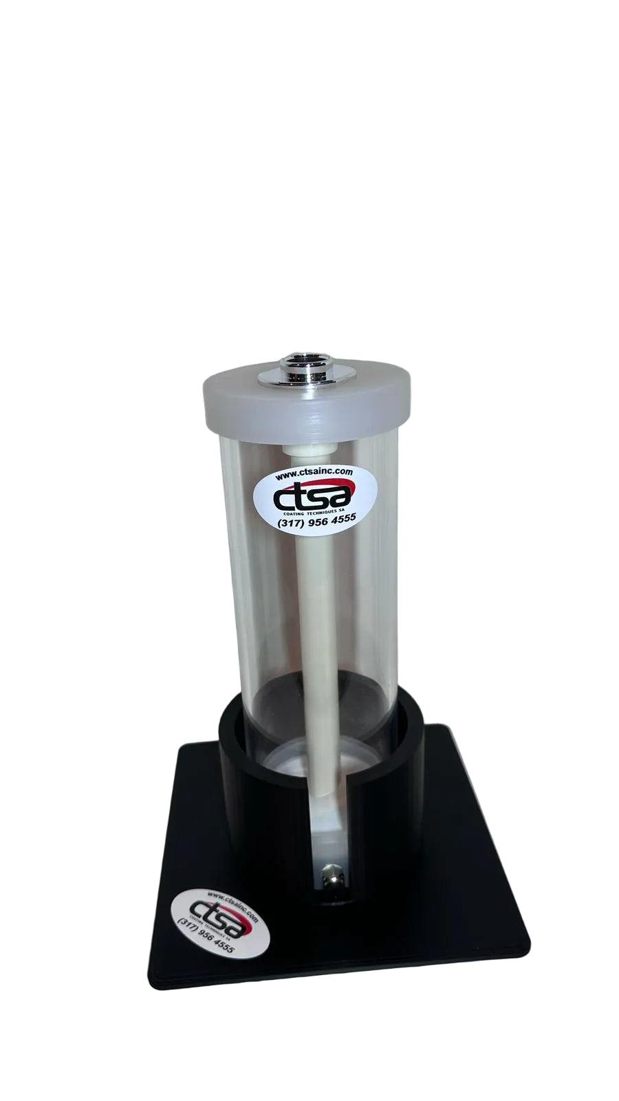 Desk top hopper stand in black color with a brand logo on the front.