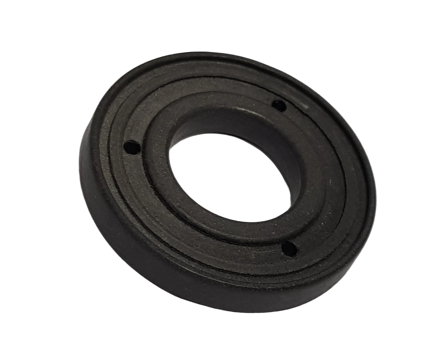 A black circular carbon ring with three holes at equally spaced positions, against a white background.