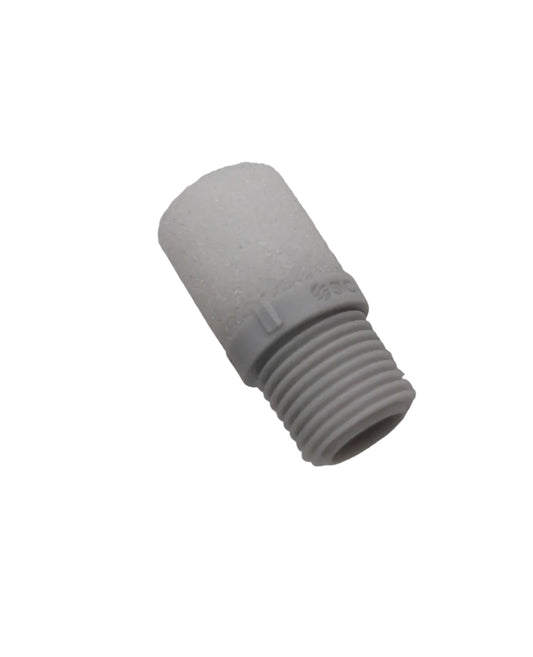 Sintered silencer with size and model number on a gray background