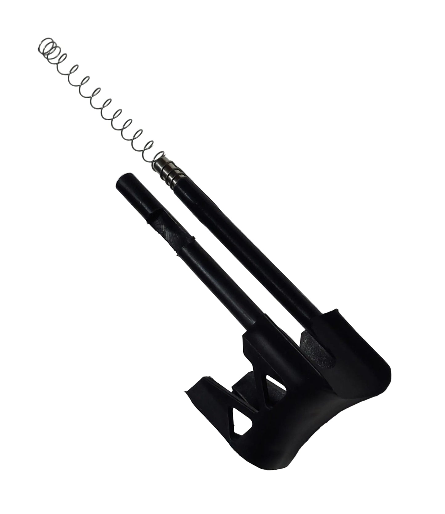 A black manual gun trigger assembly with a spring, labeled as E-Gun +3 Manual gun trigger complete.