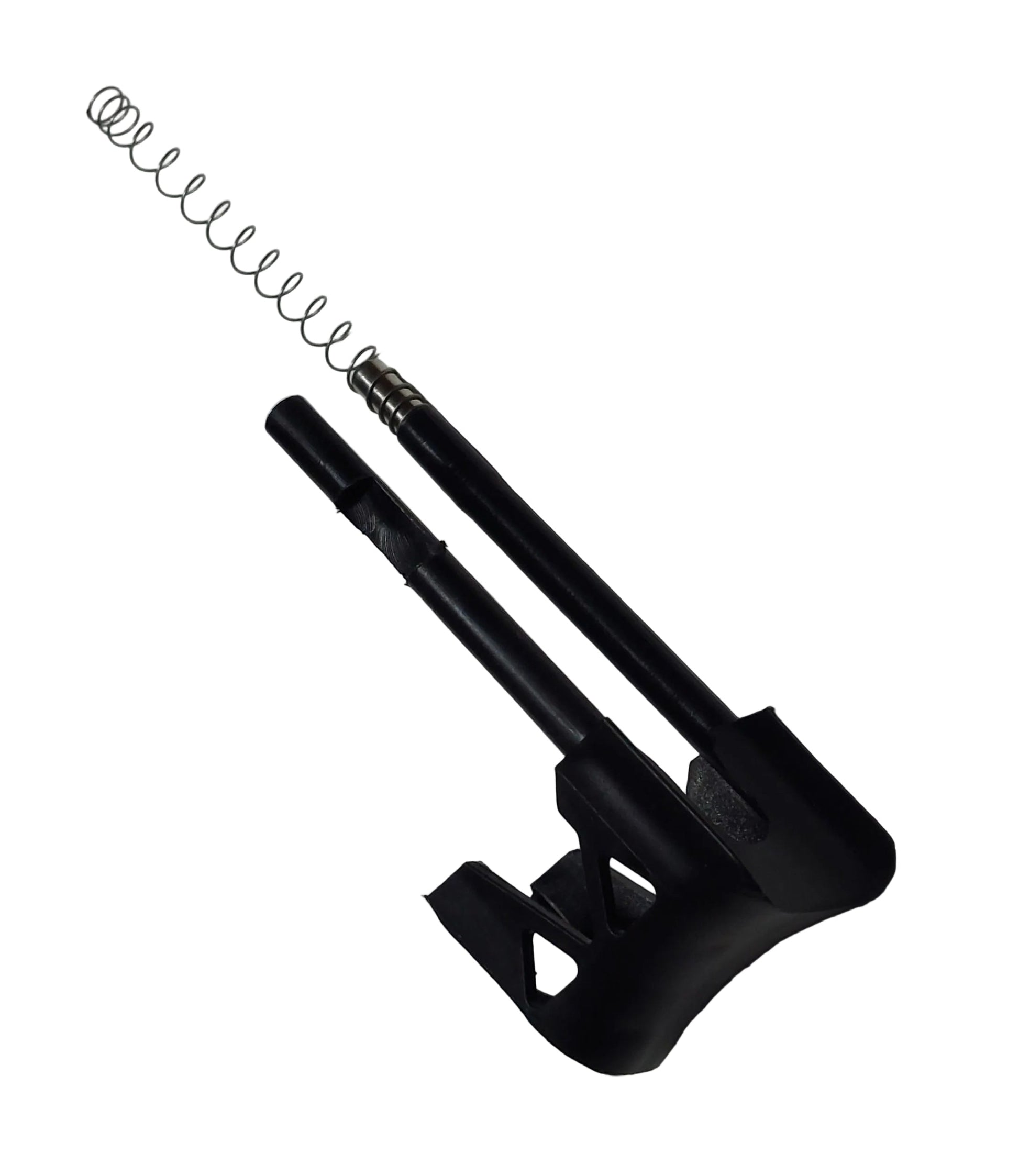 A black manual gun trigger assembly with a spring, labeled as E-Gun +3 Manual gun trigger complete.